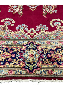 10x14 Persian Kerman rug lower border navy floral vine ivory fringe detail