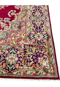 10x14 Persian Kerman rug navy main border ivory gold pink scrolling floral vine