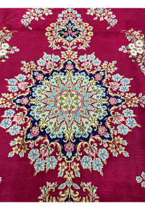 10x14 Persian Kerman rug navy star medallion powder blue ivory pink floral closeup