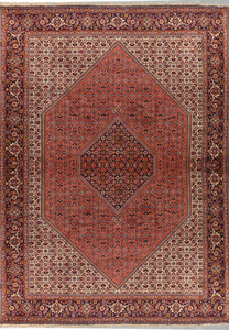 6'6" x 10'2" Persian Bijar rug with classic Mahi design, showcasing intricate floral patterns and a deep red field.