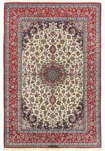 Full view 8x12 premium Persian Isfahan wool silk rug ivory field crimson red border navy floral medallion signed Persia