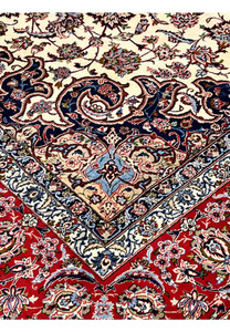 Inner border detail 8x12 premium Persian Isfahan wool silk rug navy blue arabesque scrollwork ivory field crimson surround