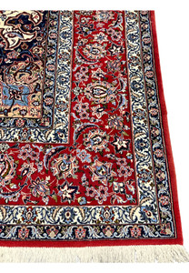 Border corner detail 8x12 premium Persian Isfahan wool silk rug crimson red field ivory blue floral scrollwork ivory fringe