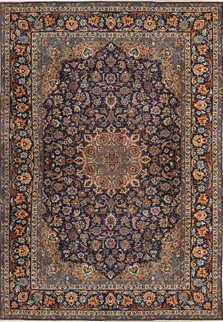 9'5" x 13'6" Persian Kashan rug with navy floral field, ivory and rust medallion and navy border
