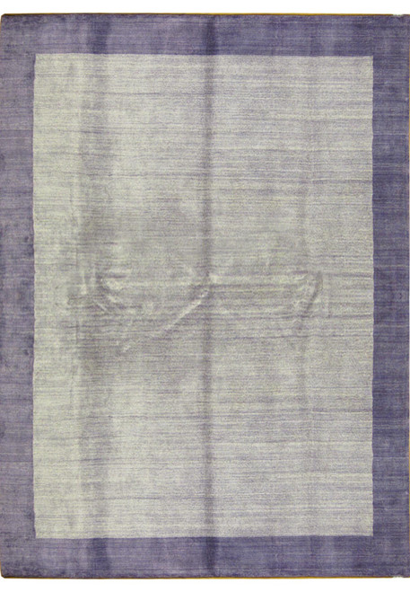 9' x 12' modern handmade rug with a silver field framed by a wide purple border
