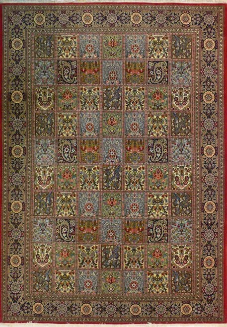 6'6" x 9'9" Persian Qum kork wool rug with a garden panel design and navy rosette border