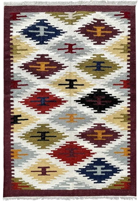 4' x 6' Turkish kilim rug with rows of multicolor stepped diamonds on ivory and a burgundy border