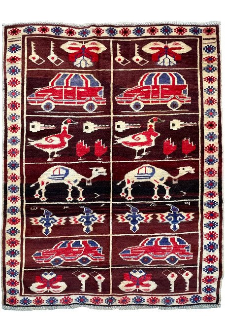 3'3" x 4' Pakistani Baluch pictorial rug with rows of red cars, camels, ducks and keys on burgundy