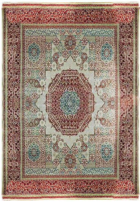 Close-up of the central medallion pattern on a handmade Agra rug, showcasing the detailed craftsmanship and rich burgundy color