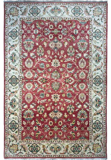 6x9 Ziegler Rug displaying intricate floral and vine patterns with a prominent burgundy field, bordered by cream and sage green accents, showcasing the exquisite detail of handmade oriental rugs