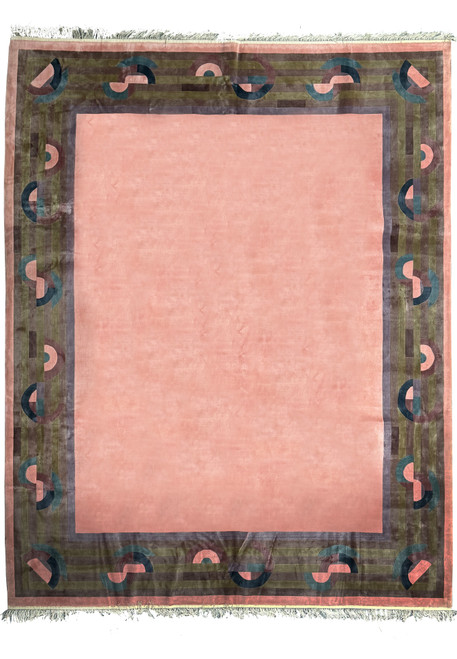 Full view of a large 9x12 modern silk rug with Art Deco patterns on a light background.