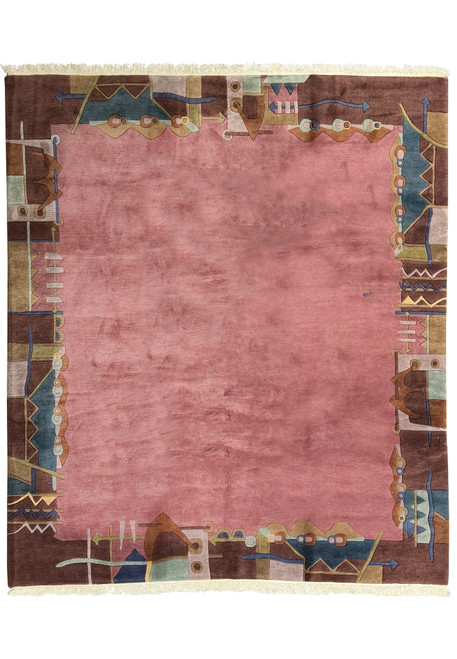 10x11'7 Dusty rose and earth-tone modern Tibet rug with abstract border design