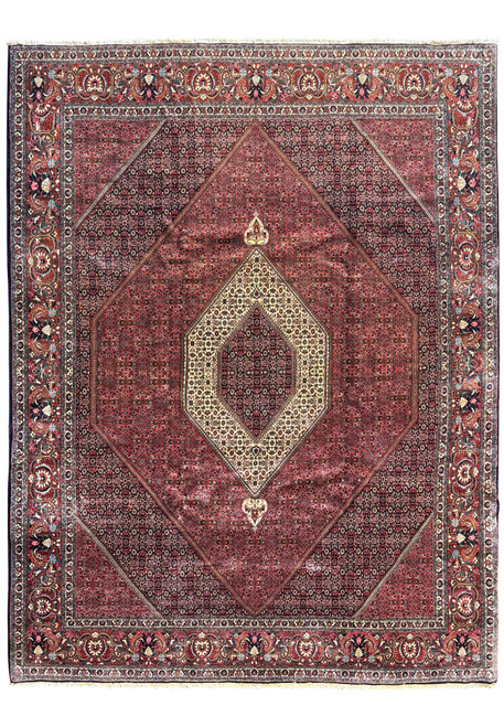 Overhead view of a 9'8 x 12'6 Persian Bijar rug showcasing the entire pattern with a central medallion and ornate borders in deep red and cream hues