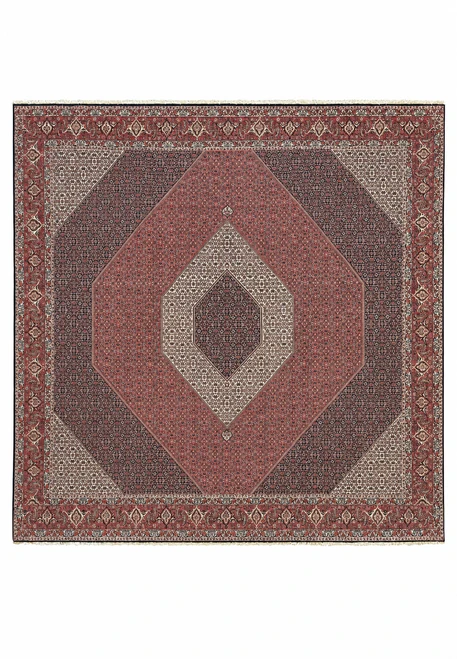12'10" x 13' Persian Bijar square rug with concentric navy, ivory and rose red herati hexagons