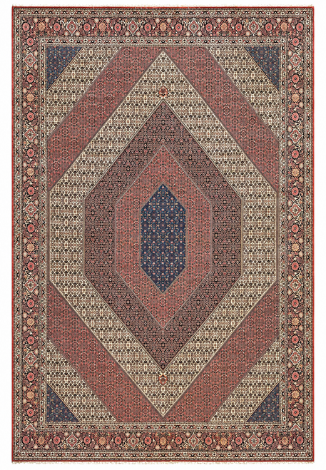 An intricate 12x17 Persian Bijar rug displaying a central diamond medallion surrounded by complex floral patterns on a red and navy background, complete with traditional fringe.