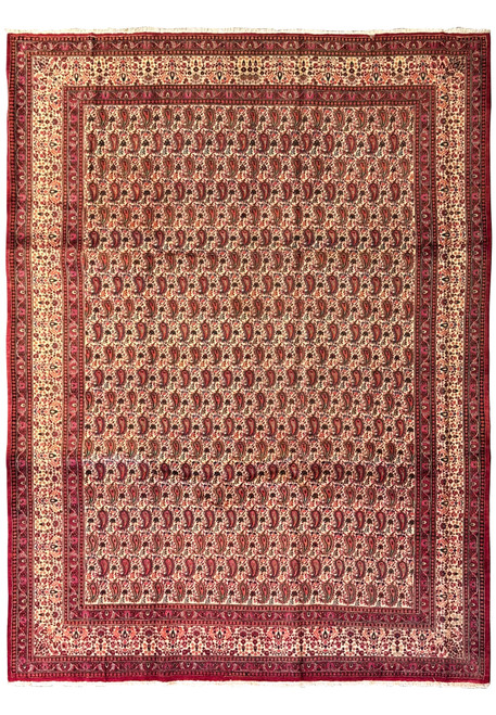 Full view of a 10x14 Persian Moud Rug on a flat surface, highlighting the symmetrical arrangement of traditional motifs and the harmonious blend of colors in the dense pattern work.
