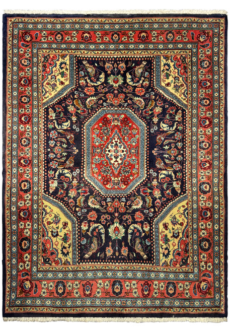 Full view of the Persian Bidjar Rug highlighting the detailed central medallion and elaborate floral designs on a deep navy background.