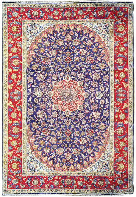 Beautiful 10'6 x 15'8 Persian Najafabad Rug featuring a central medallion design with intricate floral patterns, rich navy blue field, and vibrant red, gold, and ivory accents. High-quality hand-woven rug showcasing exceptional craftsmanship and fine detail, perfect for large living spaces