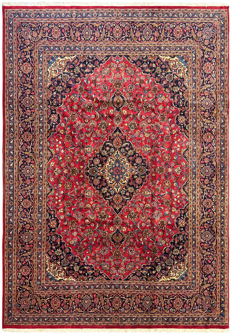 Full view of a 9'8 x 13'5 Persian Kashan Rug with intricate floral and vine motifs in rich red, navy blue, gold, and cream colors.