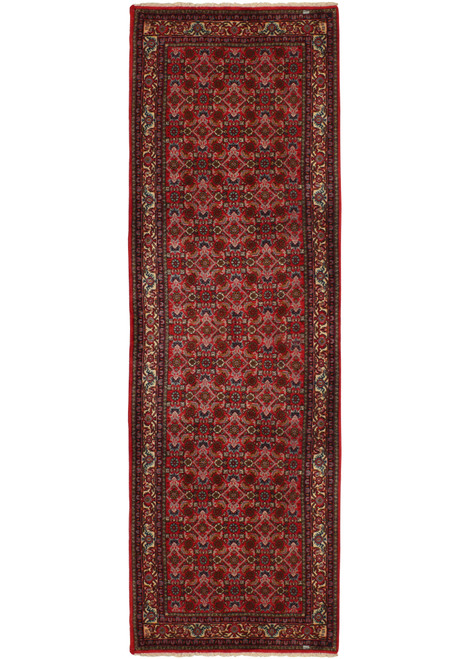 Full view of the 3' x 9'9" Persian Bijar runner rug, laid out flat to display its complete design. The rug features a dominant red color palette with intricate patterns and border details, typical of traditional Persian artistry.