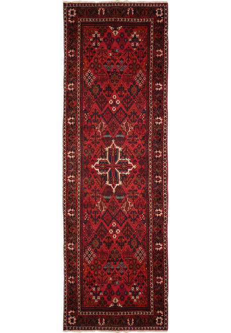 3'5" x 11' Persian Meymeh runner rug, showcasing its intricate central medallion and geometric patterns in rich red, blue, ivory, black, and green colors. The high-quality wool and fine craftsmanship are evident, making it a perfect addition to any hallway or narrow space.
