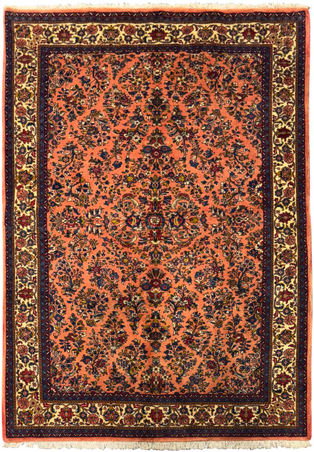 Full view of a 5'6" x 8'5" Persian Sarouk rug with intricate floral design.