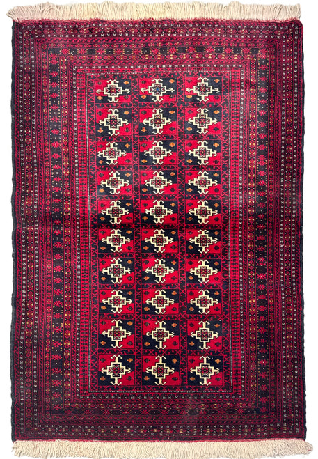 3'6 x 4'9 Persian Baluch Rug with geometric pattern in red, navy blue, and cream.