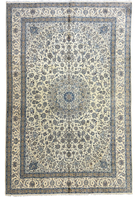 Full view of a 13 x 19'6 Persian Nain 9LA Wool & Silk Rug with intricate floral patterns and central medallion