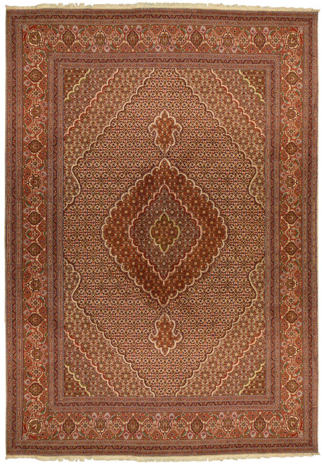 Full view of the 6'8 x 9'9 Persian Tabriz Mahi Rug laid flat on the floor showing the entire design.