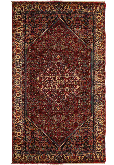 Full view of the 5'5 x 10 Persian Bijar Rug, highlighting its central medallion, rich crimson field, and detailed border design.