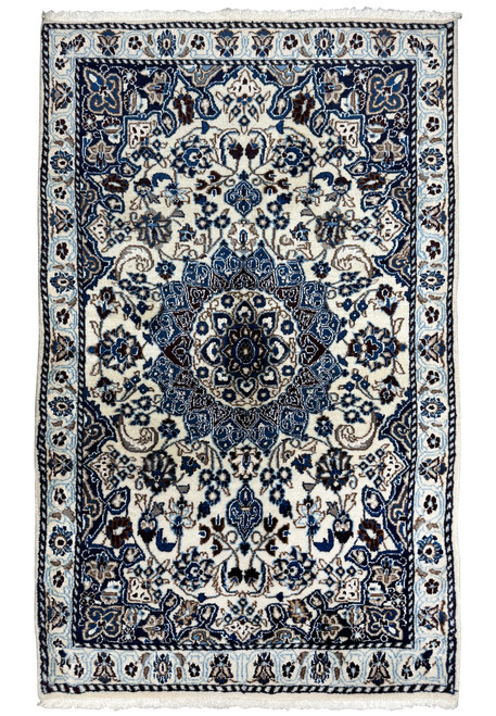 Full view of 3 x 4'9 Nain Persian Rug featuring intricate medallion and floral patterns.
