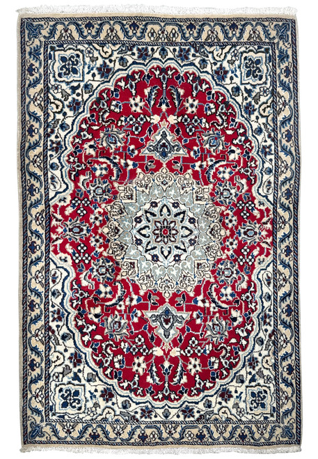 Full view of 3 x 4.6 Red Nain Persian Rug with intricate floral patterns and medallion design