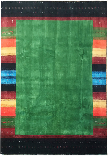 Full view of 8'3" x 9'11" Gabbeh rug with green central field and colorful border design.