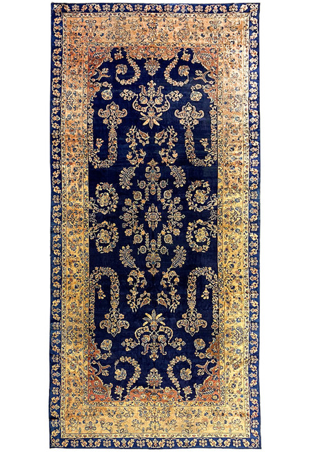 8'9 x 19'6 Persian Kerman Lavar rug full view with intricate floral patterns and navy blue field