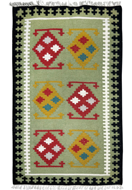 Full view of 3 x 5'2 Persian Kilim Rug showcasing diamond motifs
