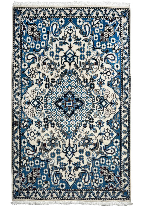 Full view of 2'9 x 4'7 Persian Nain Rug with central medallion and rich floral motifs.