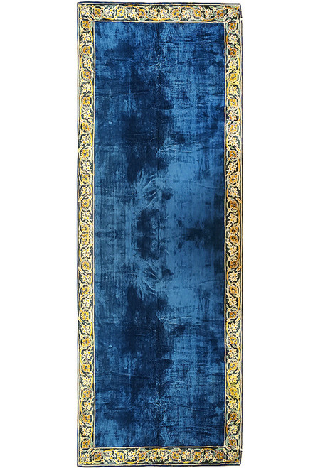 Full view of 11' x 30' Unique Size French Rug with plain field design and intricate floral border.