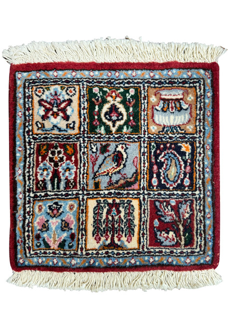 Full view of 1' x 1'2 Persian Moud Baby Rug with intricate motifs in a grid pattern.