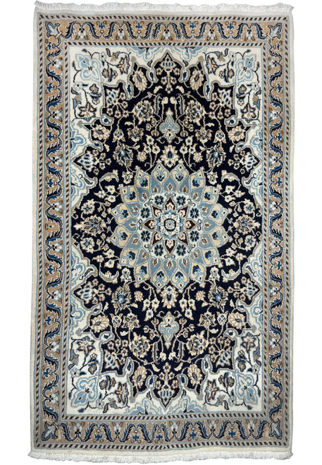 Full view of 2'11 x 5'1 Persian Nain rug with central medallion, deep navy blue background, and intricate floral patterns.