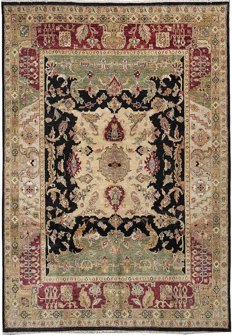 Full view of 8.5 x 11.6 Oriental Oushak rug with antique pattern in black, burgundy, and green wool
