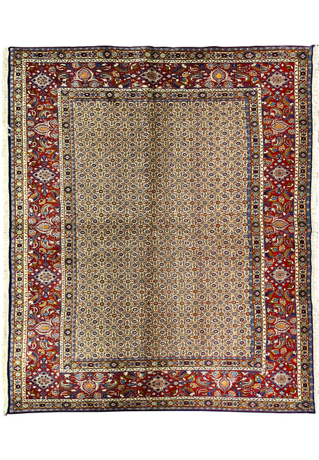Full view of 6'4 x 8 Persian Moud All-Over Rug with ivory field and red border