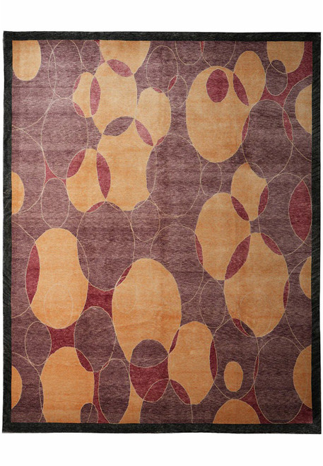 Full view of the 8.2 x 10 Handmade Tibetan Wool Modern Rug featuring overlapping circular patterns in plum, golden amber, and cinnamon red with a charcoal gray border and soft wool texture.
