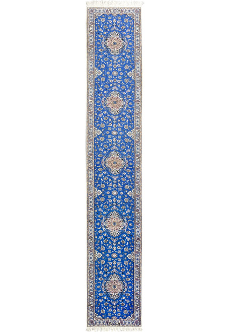 2'8 x 17'2 Blue Persian Nain 6LA Runner with royal blue field and ivory border, wool and silk handmade rug from Iran.