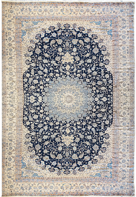 14x25'6 Majestic Nain 9 LA Persian rug full view showing navy blue field and ivory borders.
