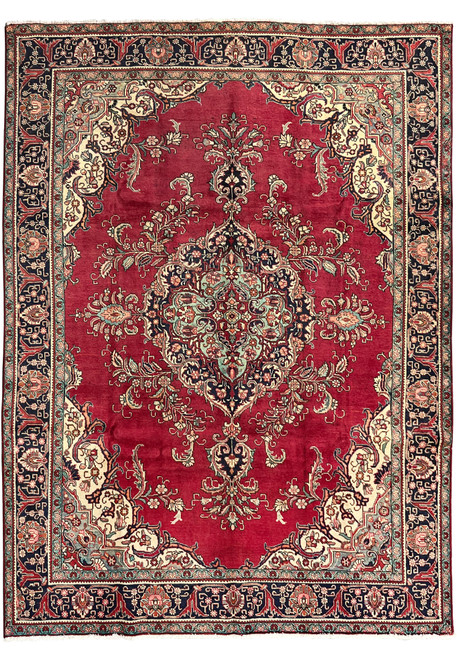 Full view of the 10x13 Patina Vintage Persian Tabriz Rug showing red field, central medallion, worn patina areas, and detailed navy and cream borders.