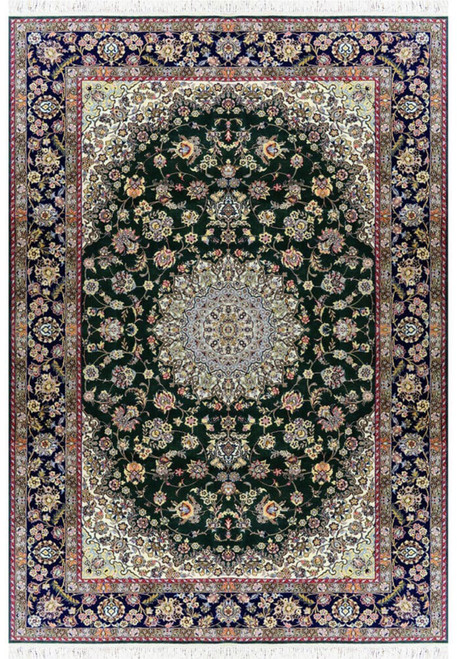 7x10 deep forest green Persian Nain 9LA rug with ivory medallion, navy floral border, fine wool and silk detail, hand knotted in Iran