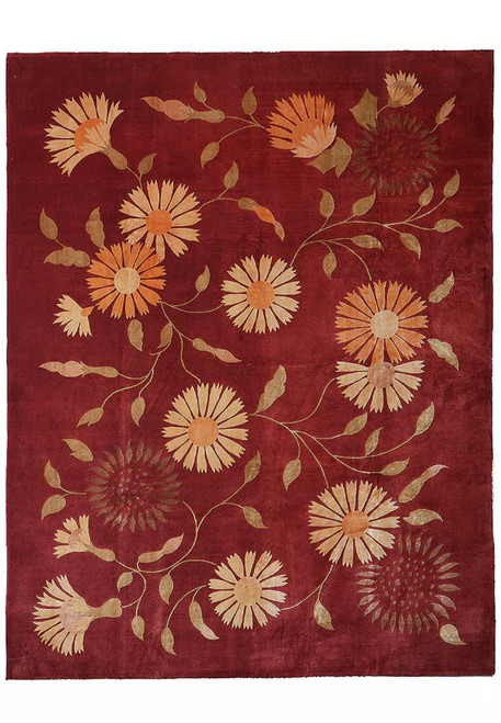 7'9 x 10 modern Tibetan rug handwoven with New Zealand wool and silk, featuring a deep red field and flowing floral motifs with soft luminous highlights