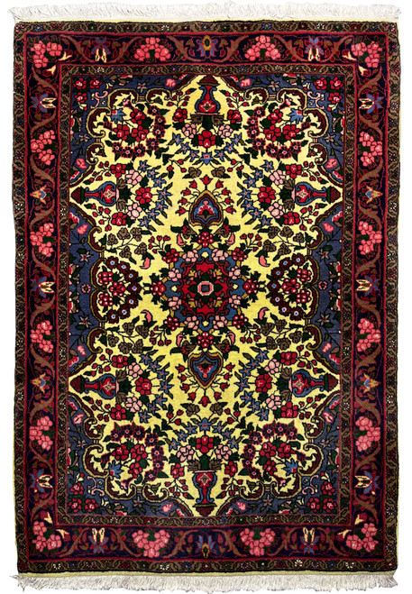 3'6 x 4'11 Persian Bijar floral rug with golden yellow field and deep red borders, hand knotted wool Persian rug showcasing dense Kurdish craftsmanship