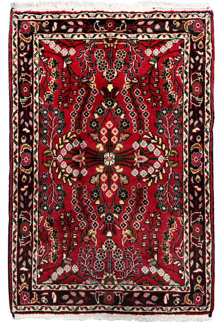 Full view of a hand-knotted Persian Darjazin rug featuring a saturated crimson field, intricate floral medallion, ivory accents, and finely articulated village motifs