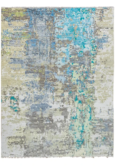 Modern handmade Nepali abstract wool rug measuring 12 x 14'7, featuring layered soft blue, ivory, gray, and beige tones with a contemporary painterly pattern.